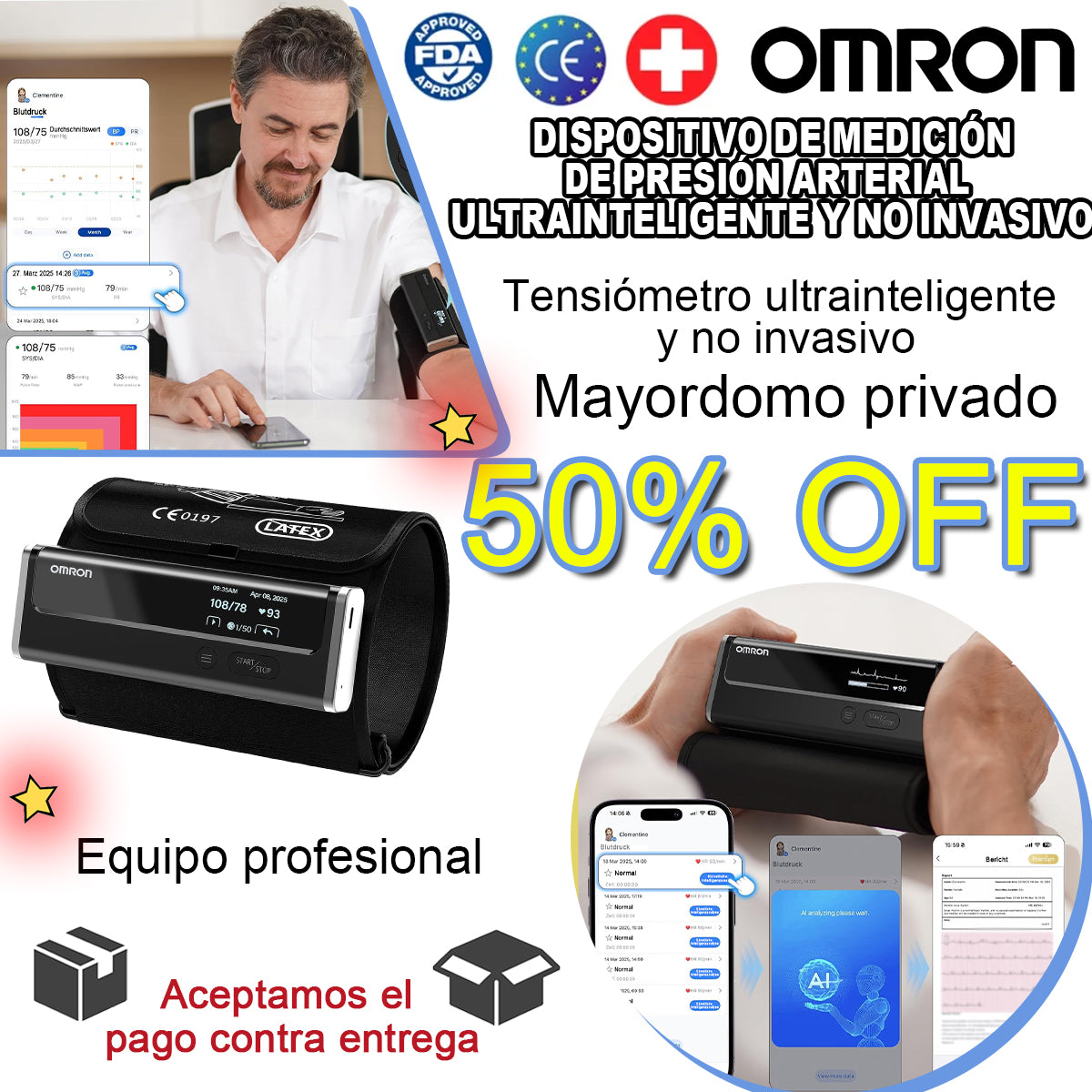 Monitor inteligente 12 en 1 para presión arterial con medición no invasiva